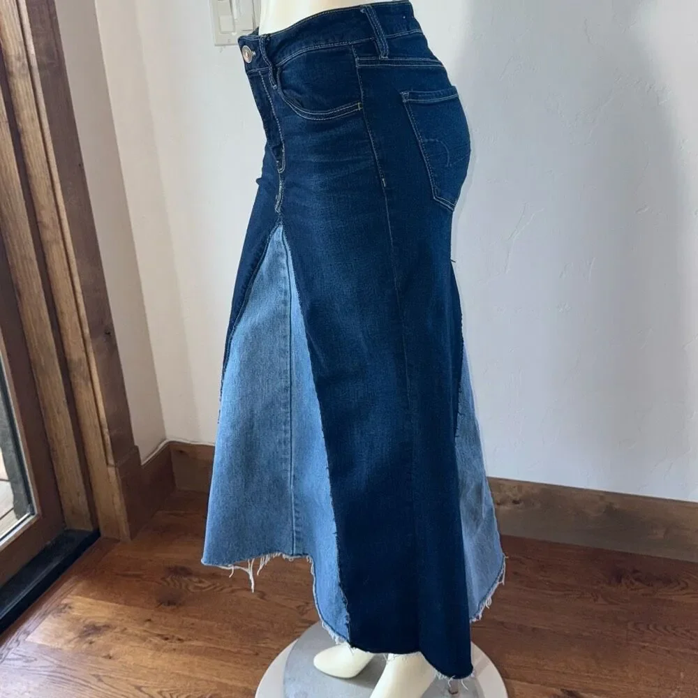 Up cycled‎ Bohemian Two Tone Blue Raw Hem Long Stretch Denim Maxi Skirt Size 6